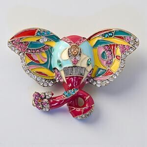 Colorful Indian Elephant Head Brooch Enamel Rhinestone Crystal Statement